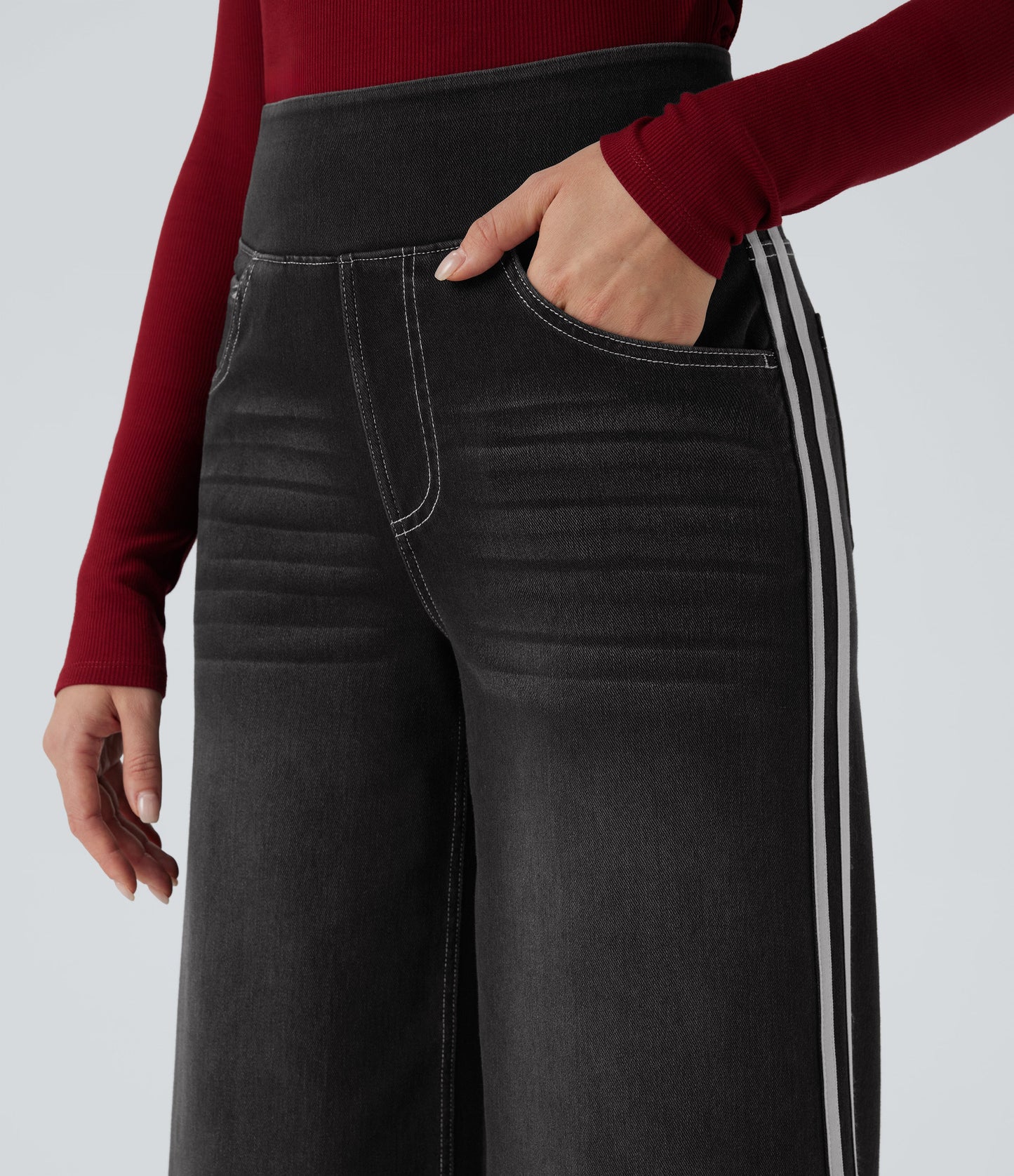 High Waisted Stripe Wide Leg Flowy Washed Casual Jeans with Pockets
