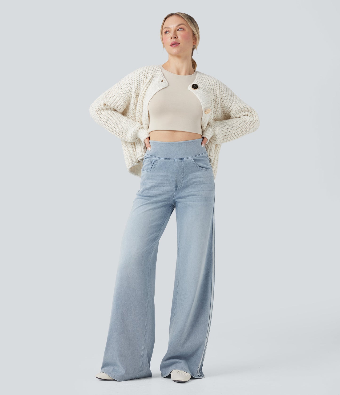 High Waisted Stripe Wide Leg Flowy Washed Casual Jeans with Pockets