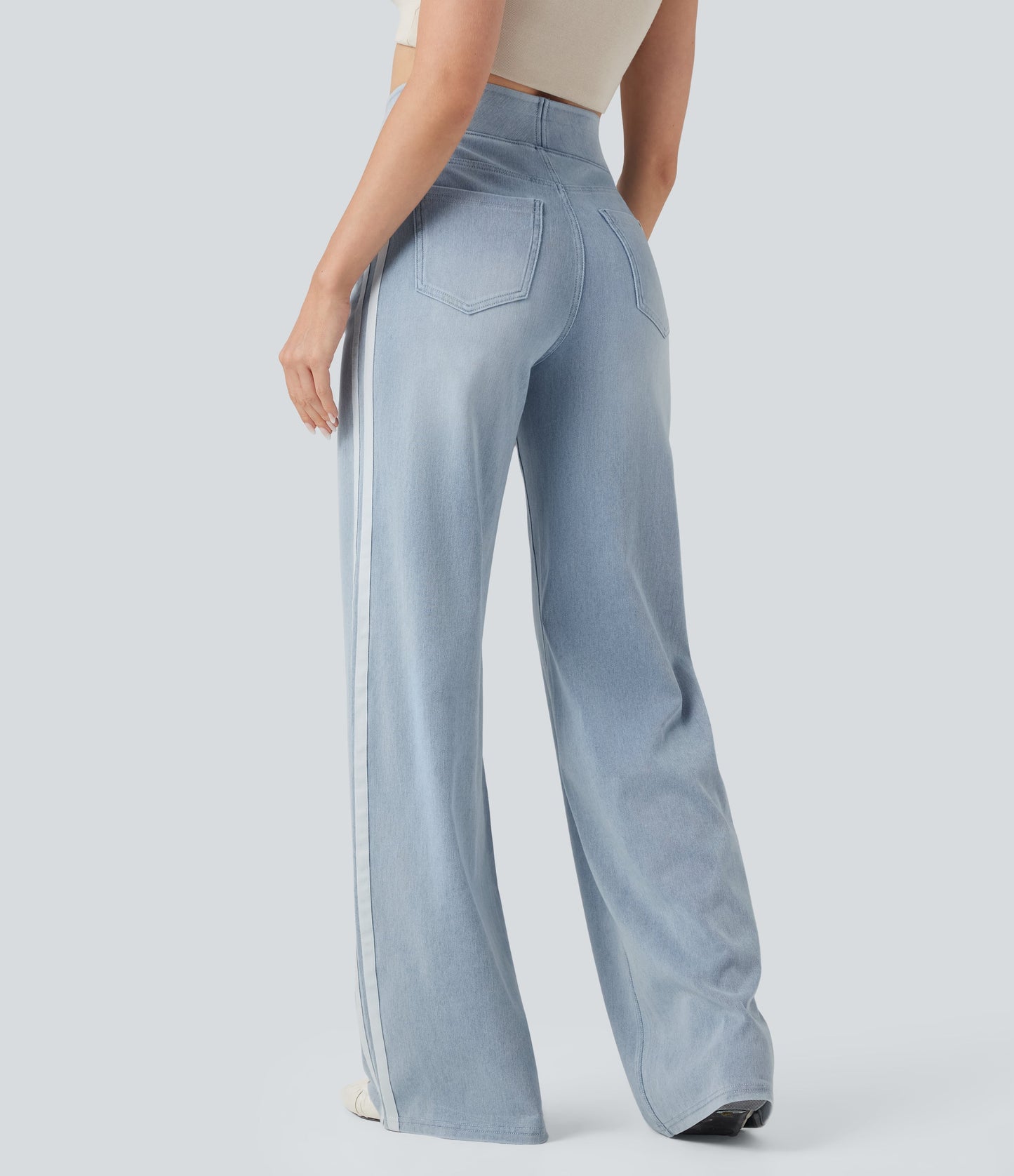 High Waisted Stripe Wide Leg Flowy Washed Casual Jeans with Pockets