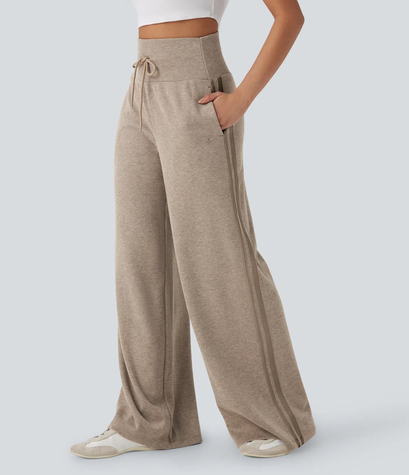Ribbed High Waisted Tummy Control Drawstring Wide Leg Color Block Casual Pants with Pockets