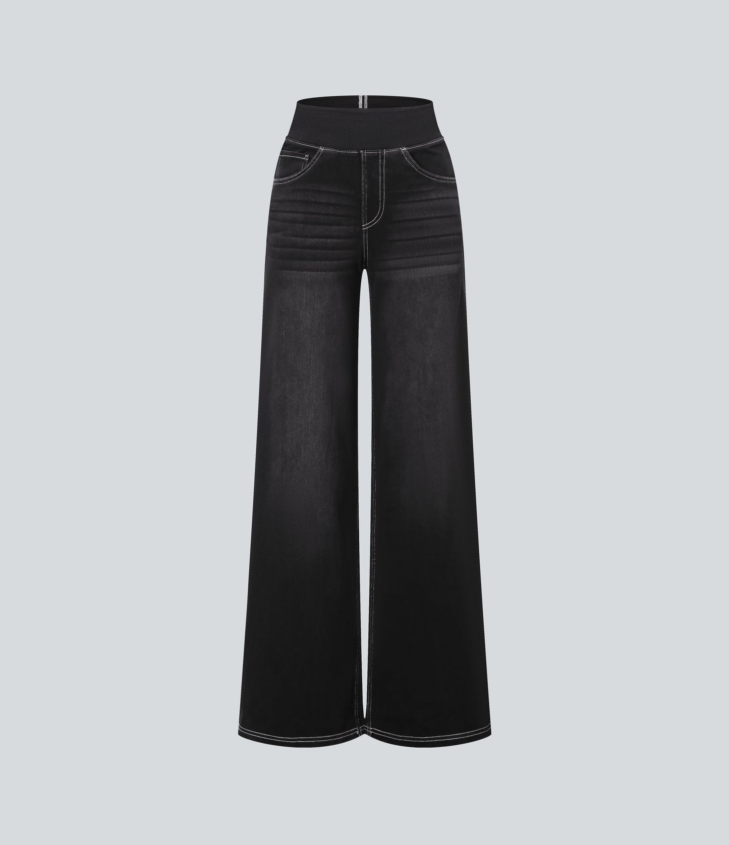 High Waisted Stripe Wide Leg Flowy Washed Casual Jeans with Pockets