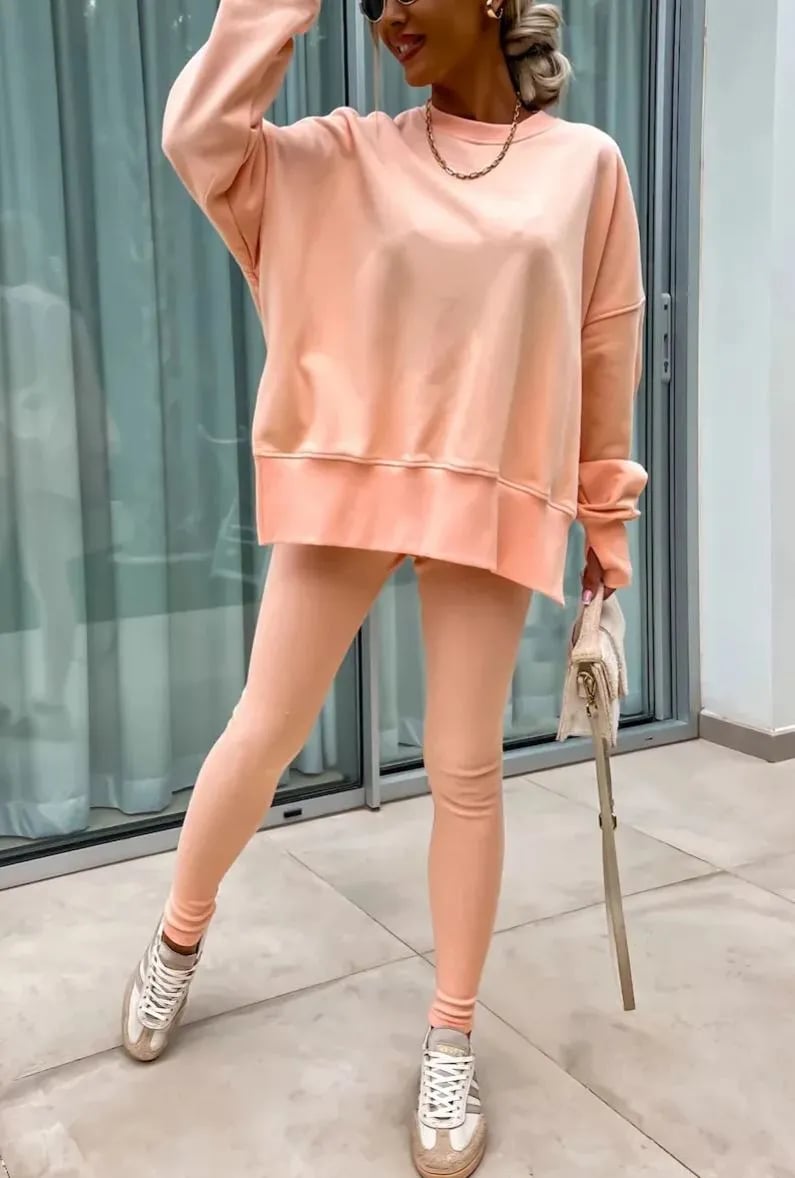 Women's Comfy Loose Slit Sweatshirt and Elastic Waist Tight Pants Set