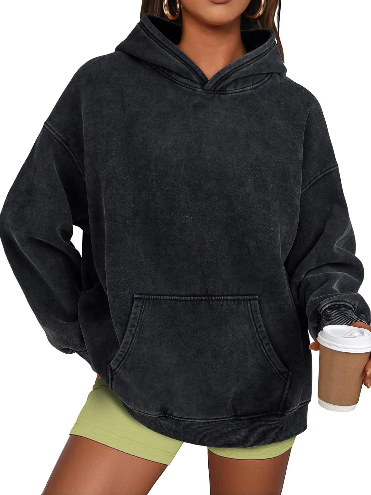Anasta Casual Oversized Acid Wash Tops Hoodie Pullover