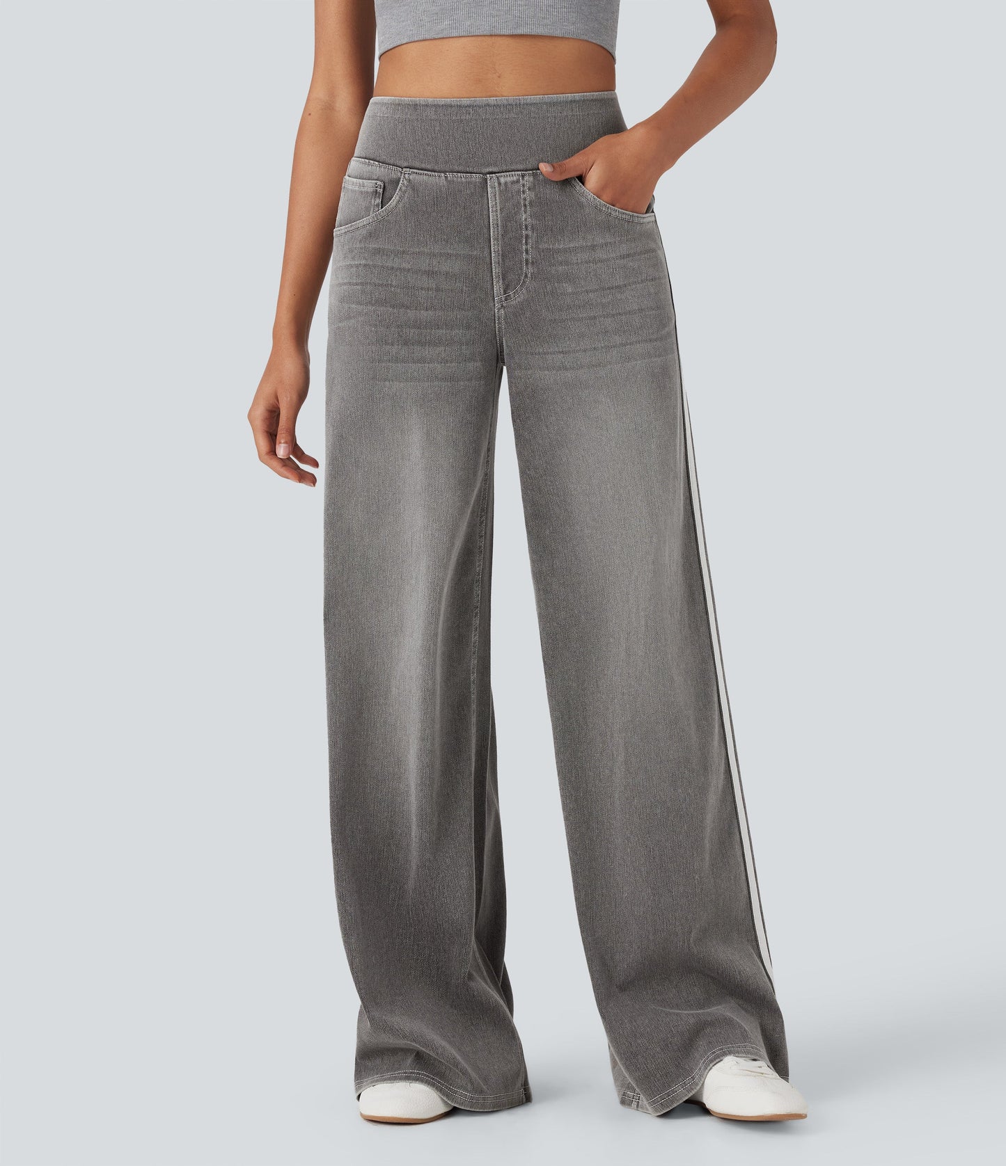 High Waisted Stripe Wide Leg Flowy Washed Casual Jeans with Pockets