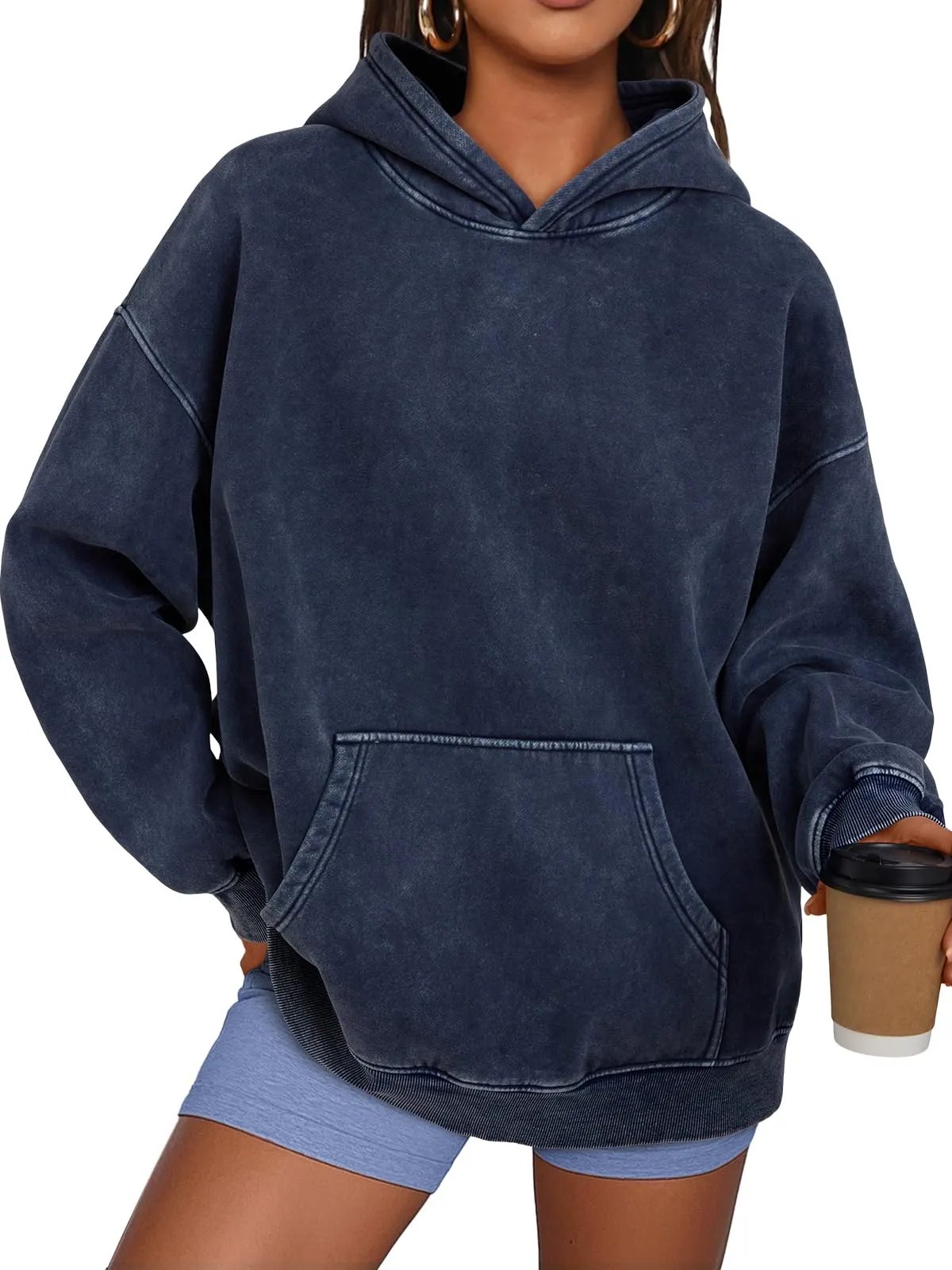 Anasta Casual Oversized Acid Wash Tops Hoodie Pullover