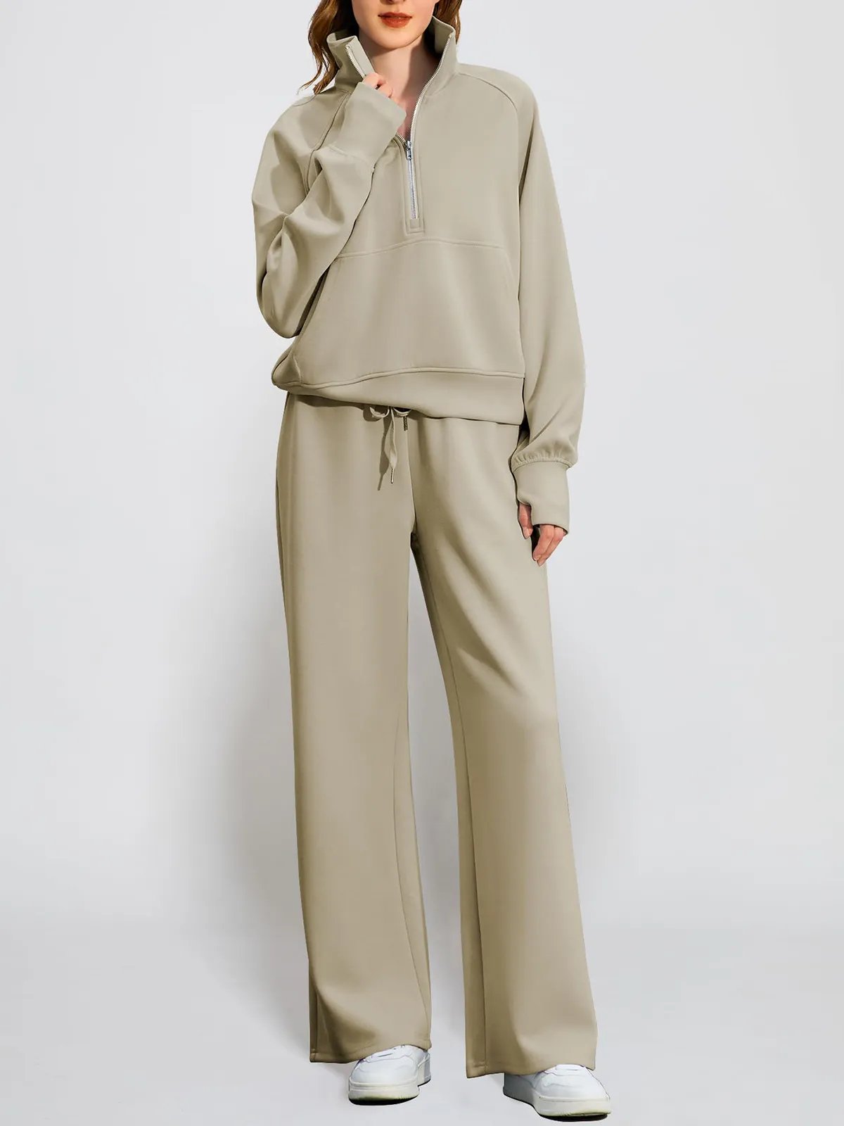 Limited time sale🔥Women's Oversized Half Zip Wide Leg 2 Piece Outfits Lounge Set(BUY 2 FREE SHIPPING)
