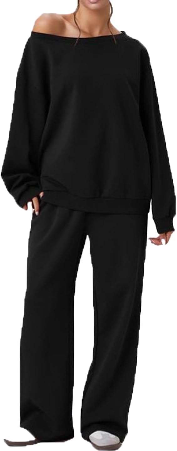 🧊🧊Womens Sweat Outfits Two Piece, Casual Wear for Women Jogging Suits Off-The-Shoulder Long-Sleeved Top and Pants