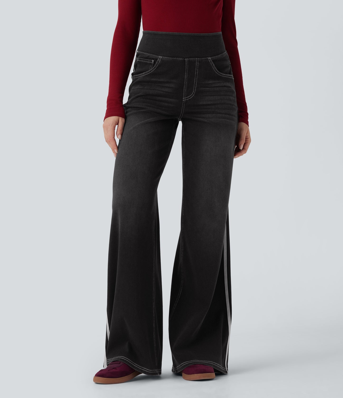 High Waisted Stripe Wide Leg Flowy Washed Casual Jeans with Pockets