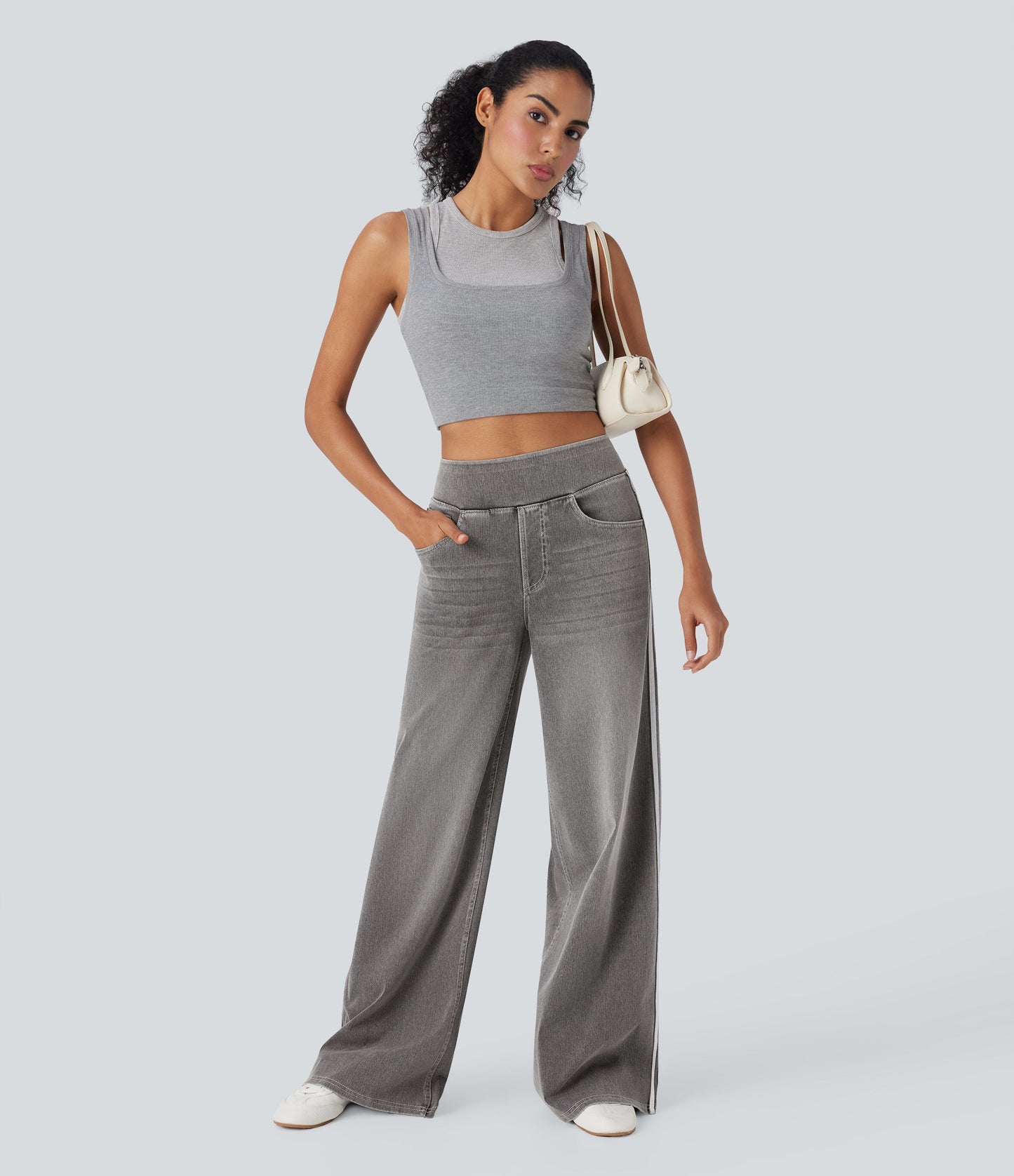 High Waisted Stripe Wide Leg Flowy Washed Casual Jeans with Pockets