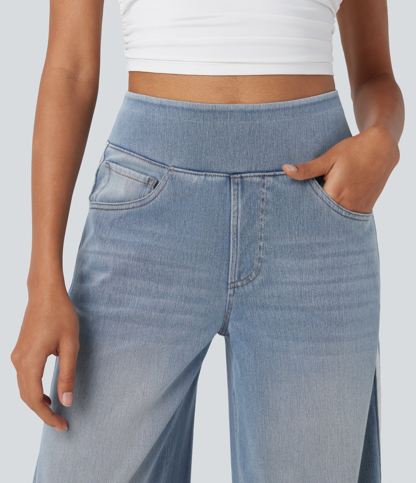 High Waisted Stripe Wide Leg Flowy Washed Casual Jeans with Pockets