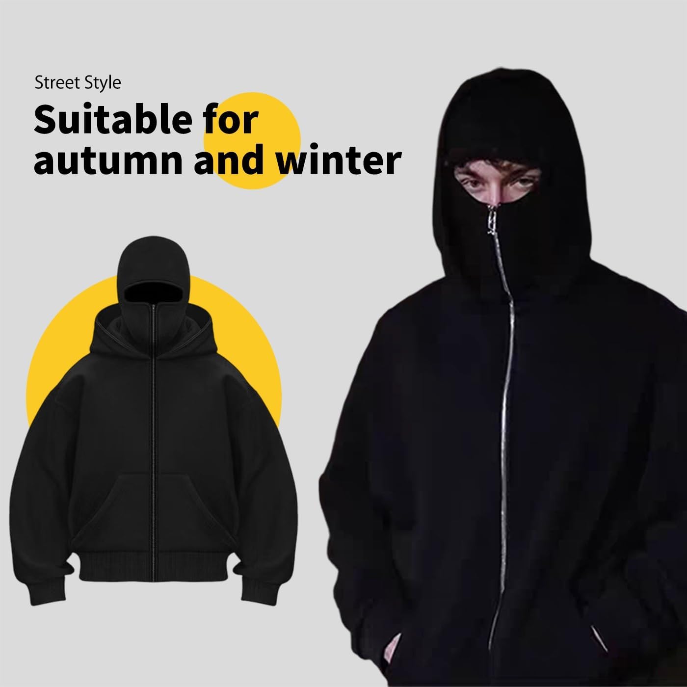 ANAS-Unisex Balaclava Hoodie with Built-In Eye Mask, Double Hooded Hoodie, Full Zip Hooded Sweatshirt for Cold Weather