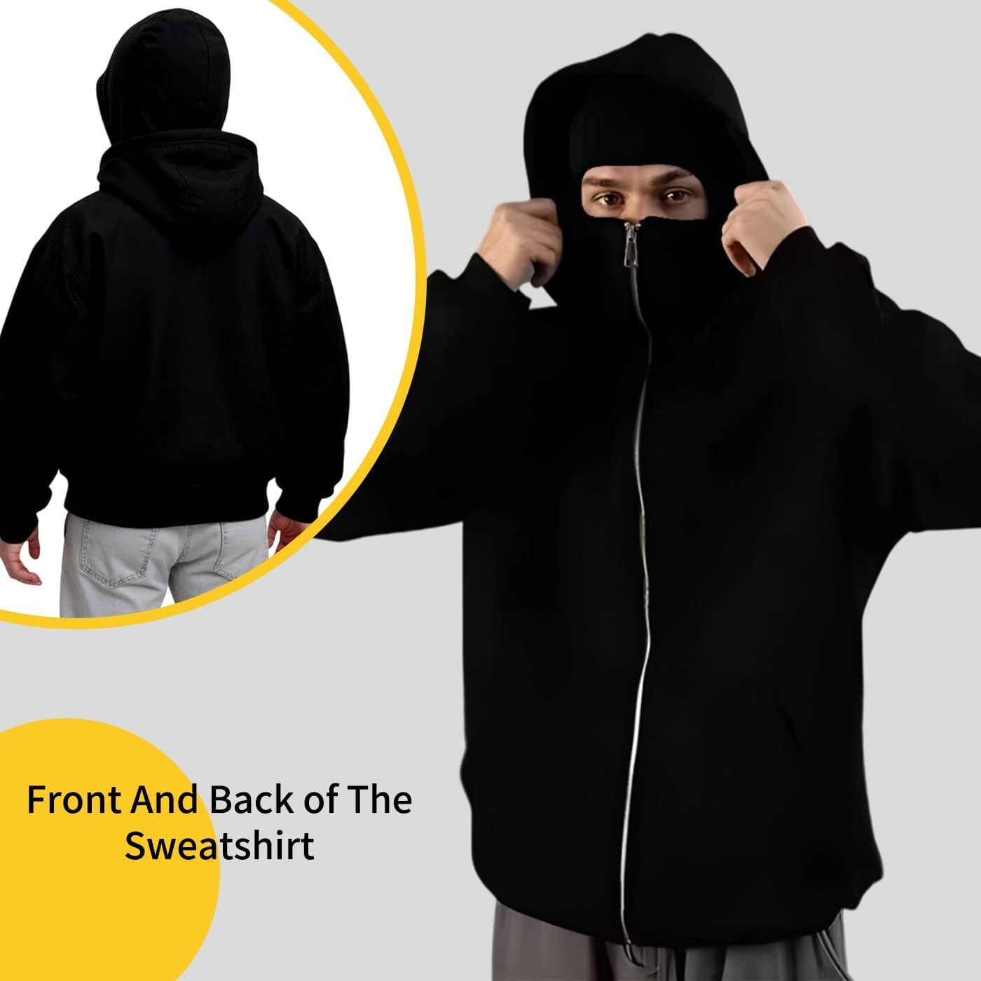 ANAS-Unisex Balaclava Hoodie with Built-In Eye Mask, Double Hooded Hoodie, Full Zip Hooded Sweatshirt for Cold Weather