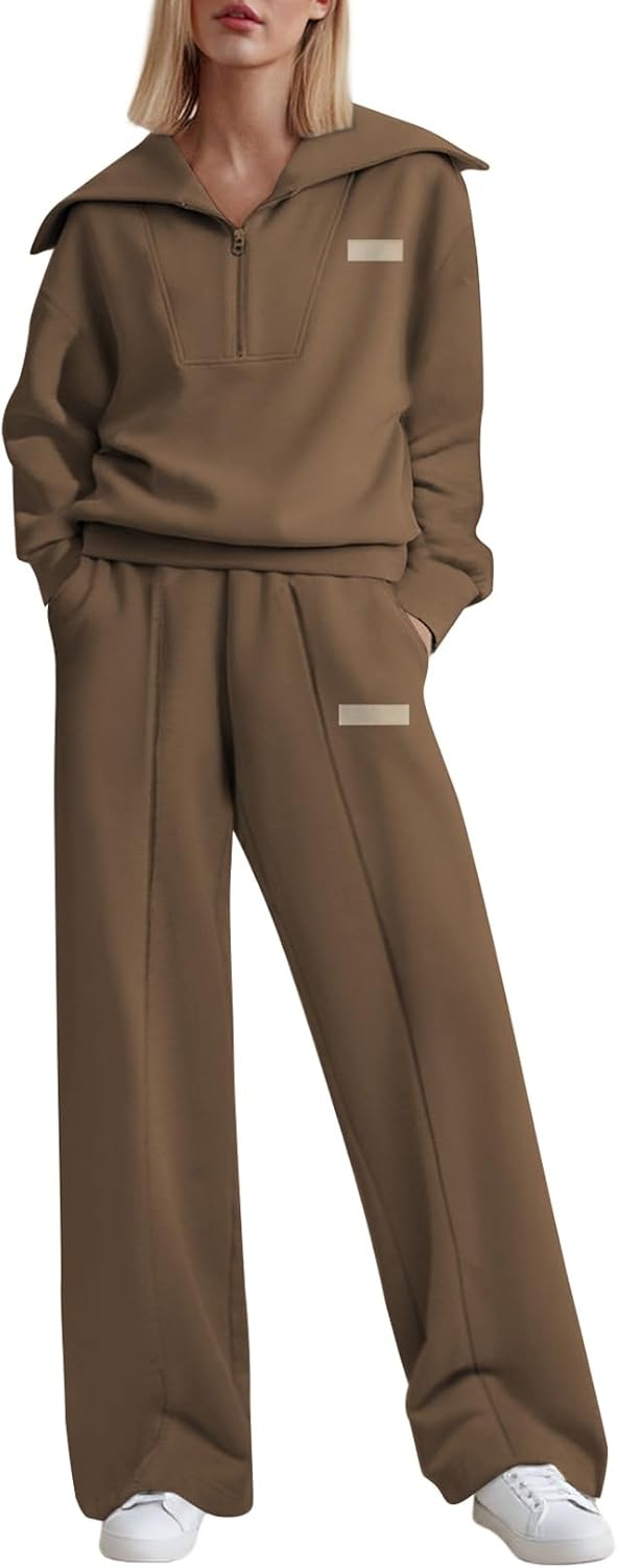 Movrae Two Piece Outfits Half Zip Sweatshirt Sweatsuit Lounge Sets for Women Matching Set Wide Leg Sweatpant Tracksuit
