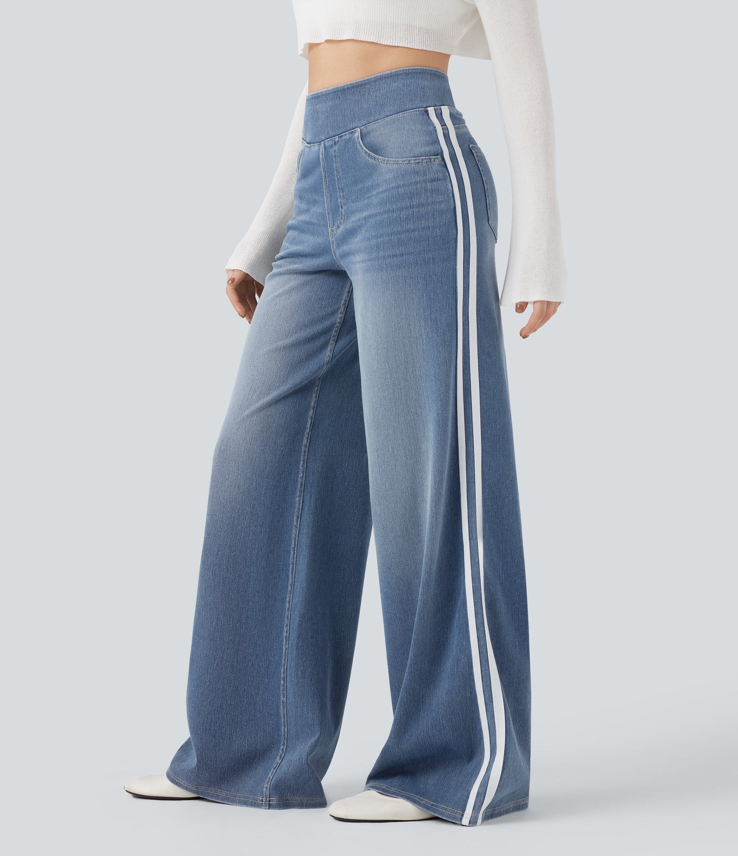 High Waisted Stripe Wide Leg Flowy Washed Casual Jeans with Pockets