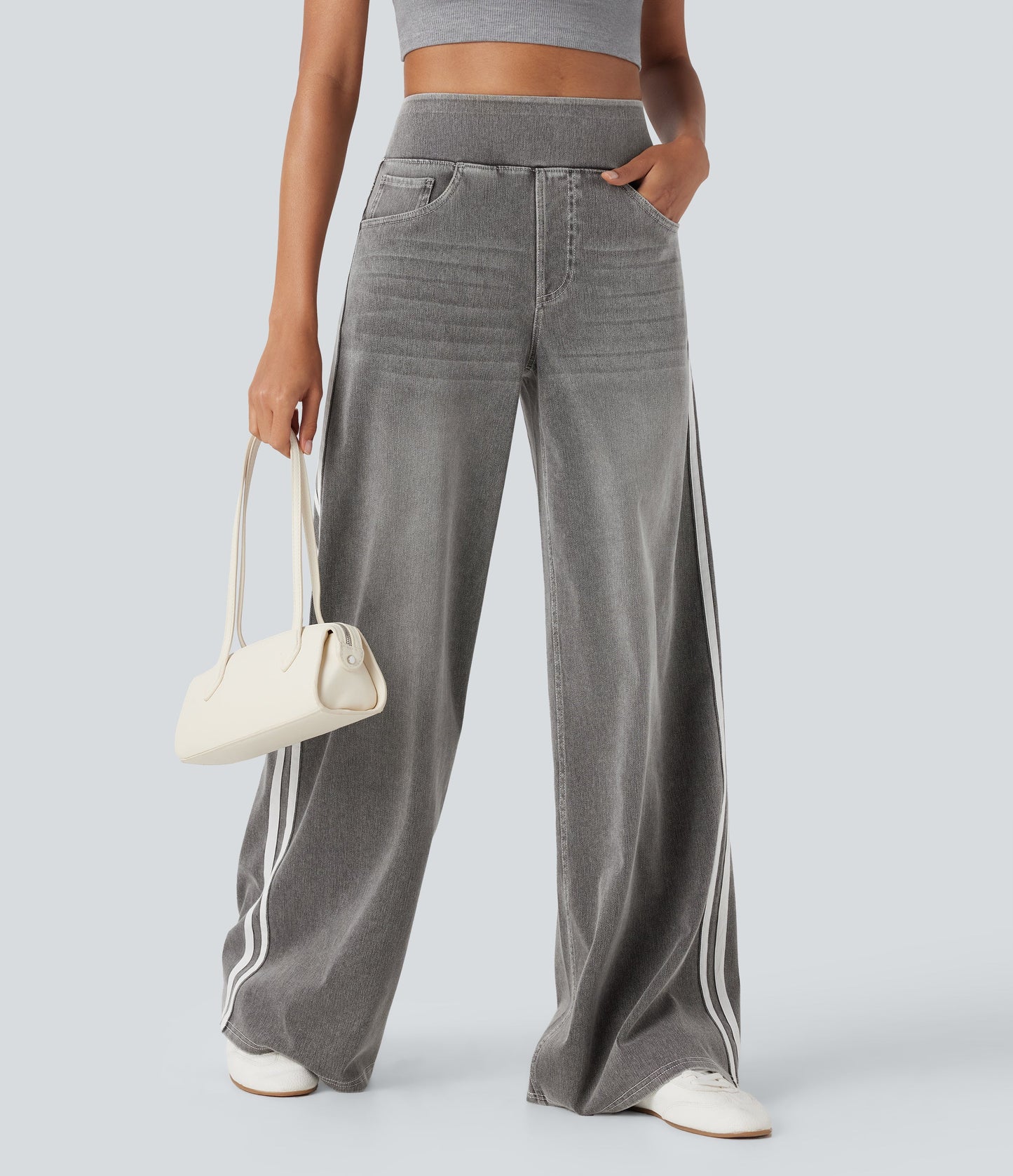 High Waisted Stripe Wide Leg Flowy Washed Casual Jeans with Pockets