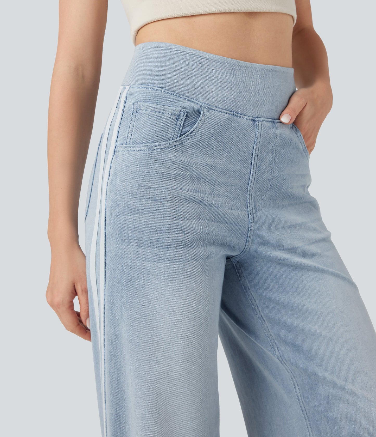 High Waisted Stripe Wide Leg Flowy Washed Casual Jeans with Pockets