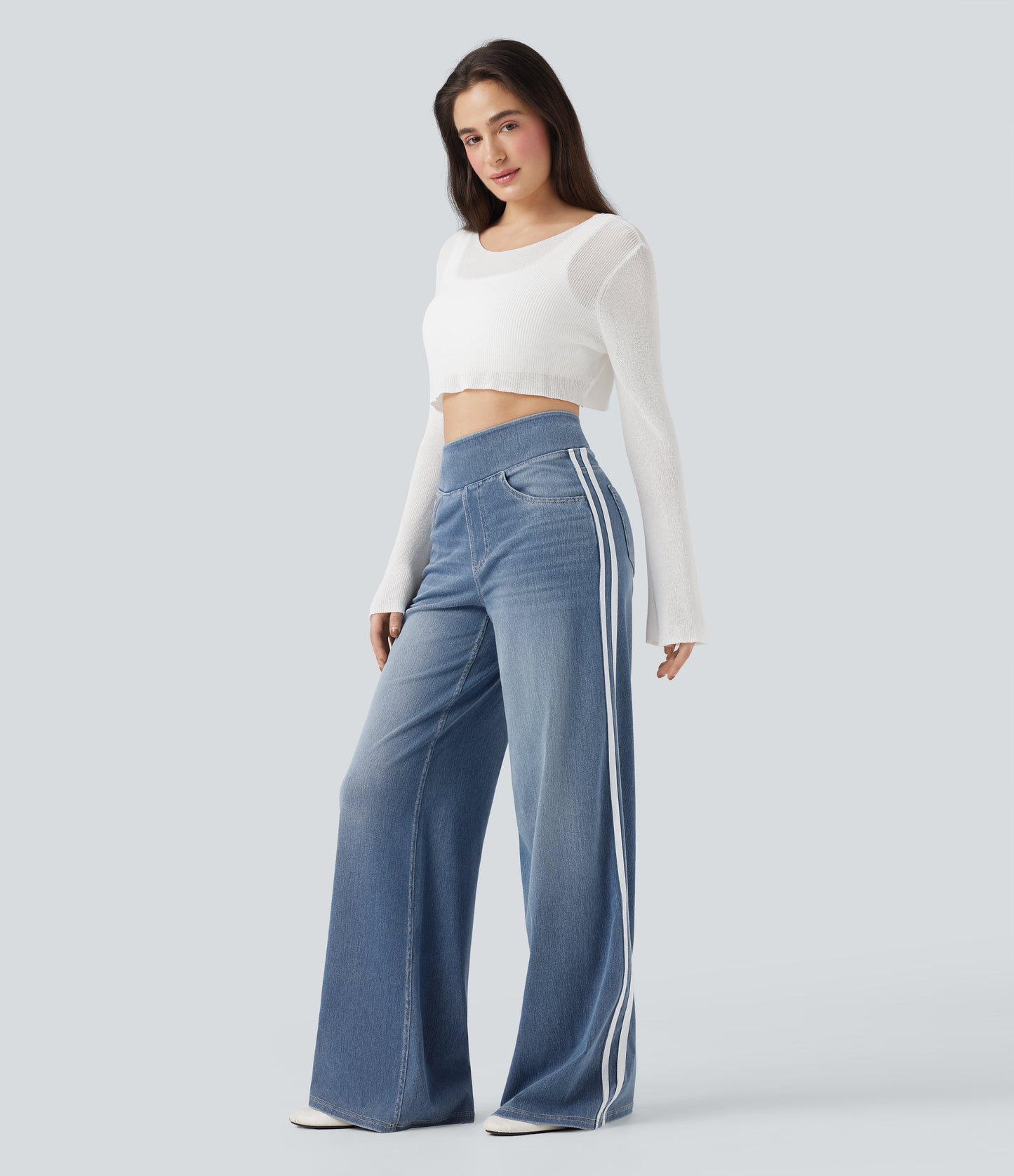 High Waisted Stripe Wide Leg Flowy Washed Casual Jeans with Pockets