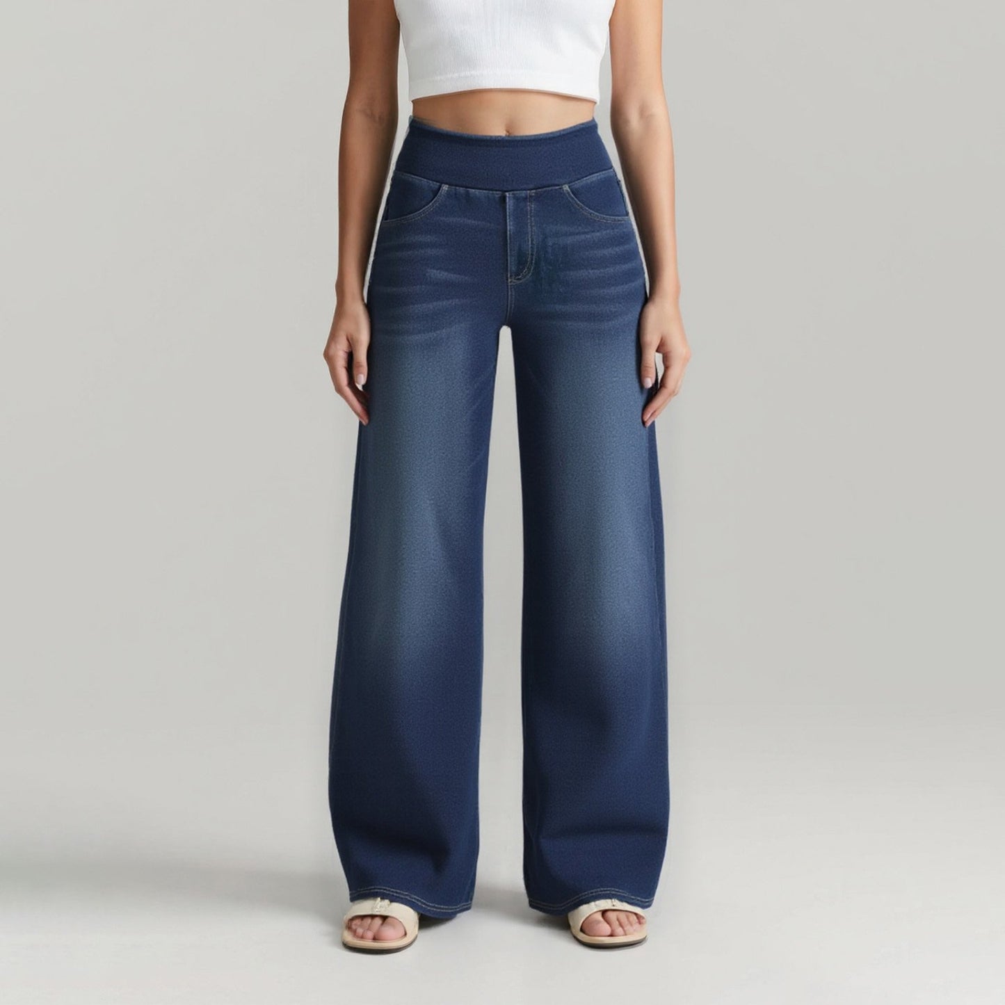 🏆LAST DAY SALE 50% OFF - Plus Size High Waist Comfy Stretch Knit Wide Leg Jeans with Multiple Pockets