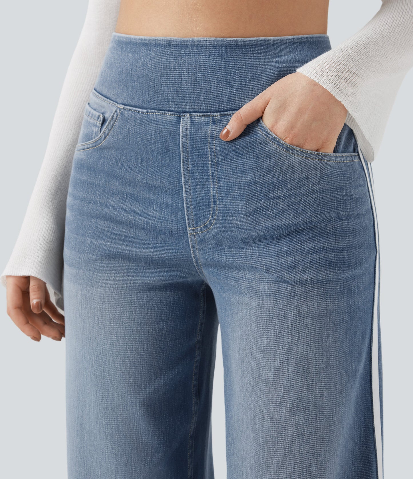 High Waisted Stripe Wide Leg Flowy Washed Casual Jeans with Pockets