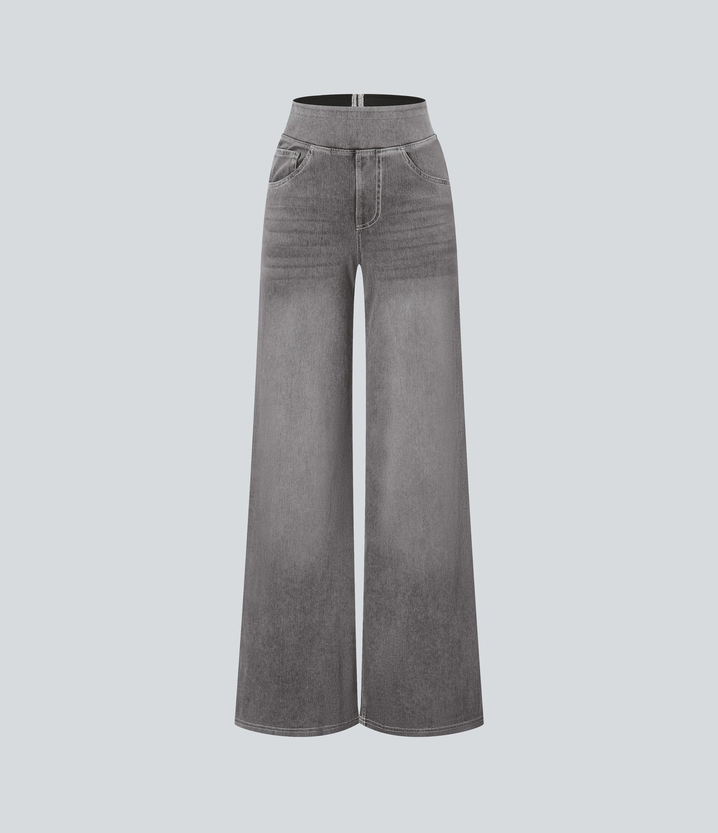 High Waisted Stripe Wide Leg Flowy Washed Casual Jeans with Pockets