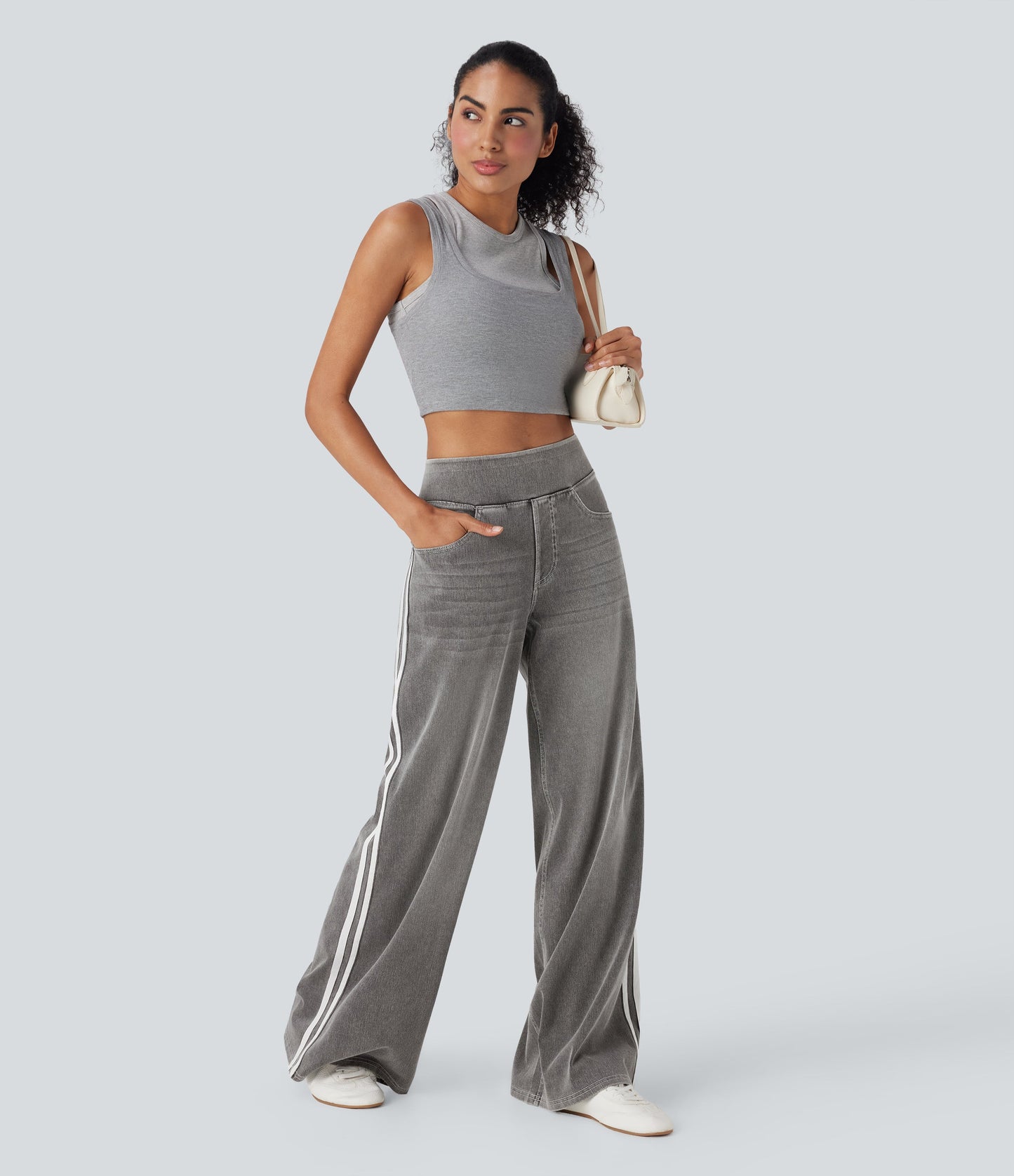 High Waisted Stripe Wide Leg Flowy Washed Casual Jeans with Pockets