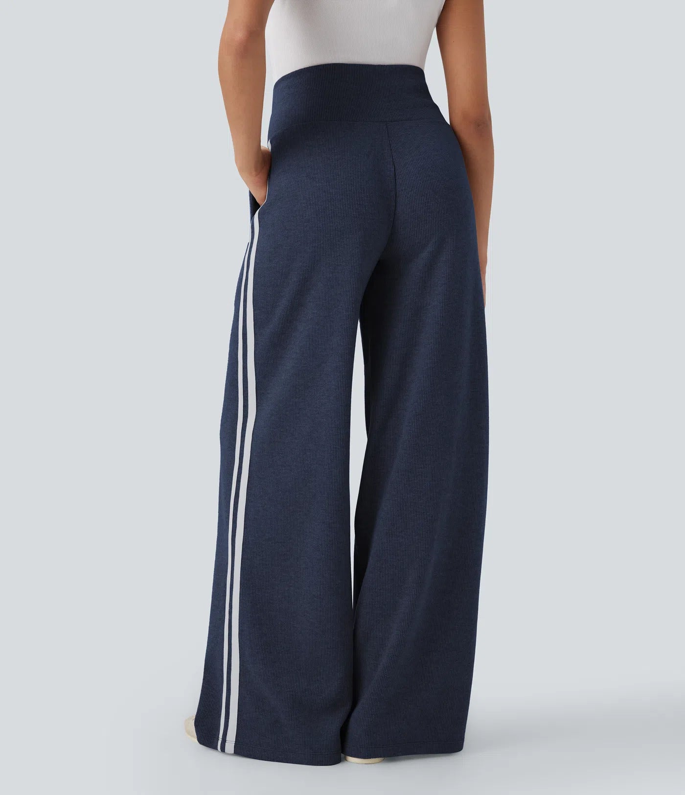 Ribbed High Waisted Tummy Control Drawstring Wide Leg Color Block Casual Pants with Pockets