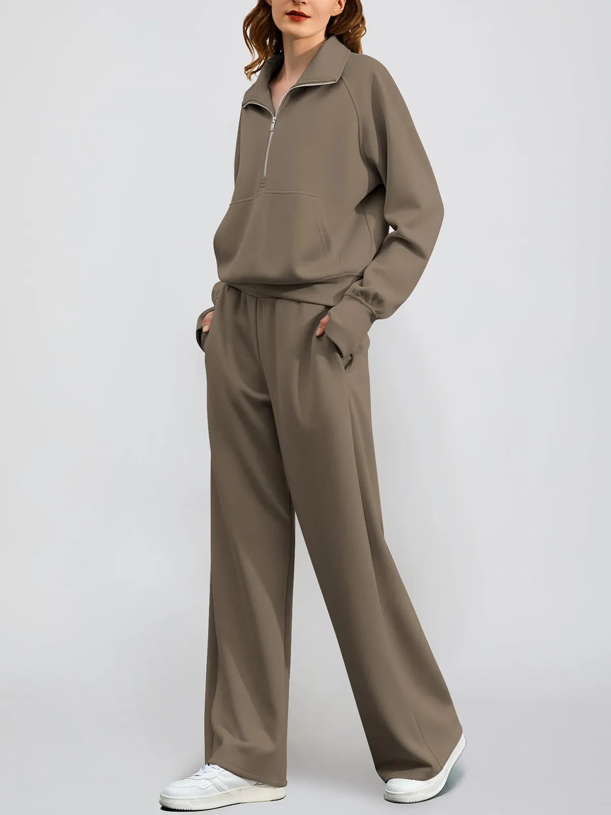 Limited time sale🔥Women's Oversized Half Zip Wide Leg 2 Piece Outfits Lounge Set(BUY 2 FREE SHIPPING)