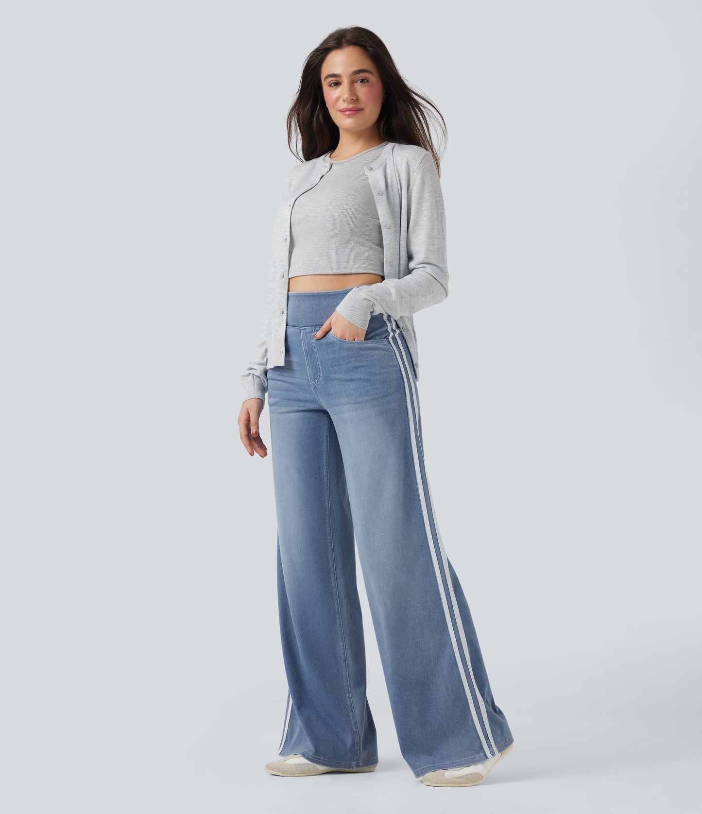 High Waisted Stripe Wide Leg Flowy Washed Casual Jeans with Pockets