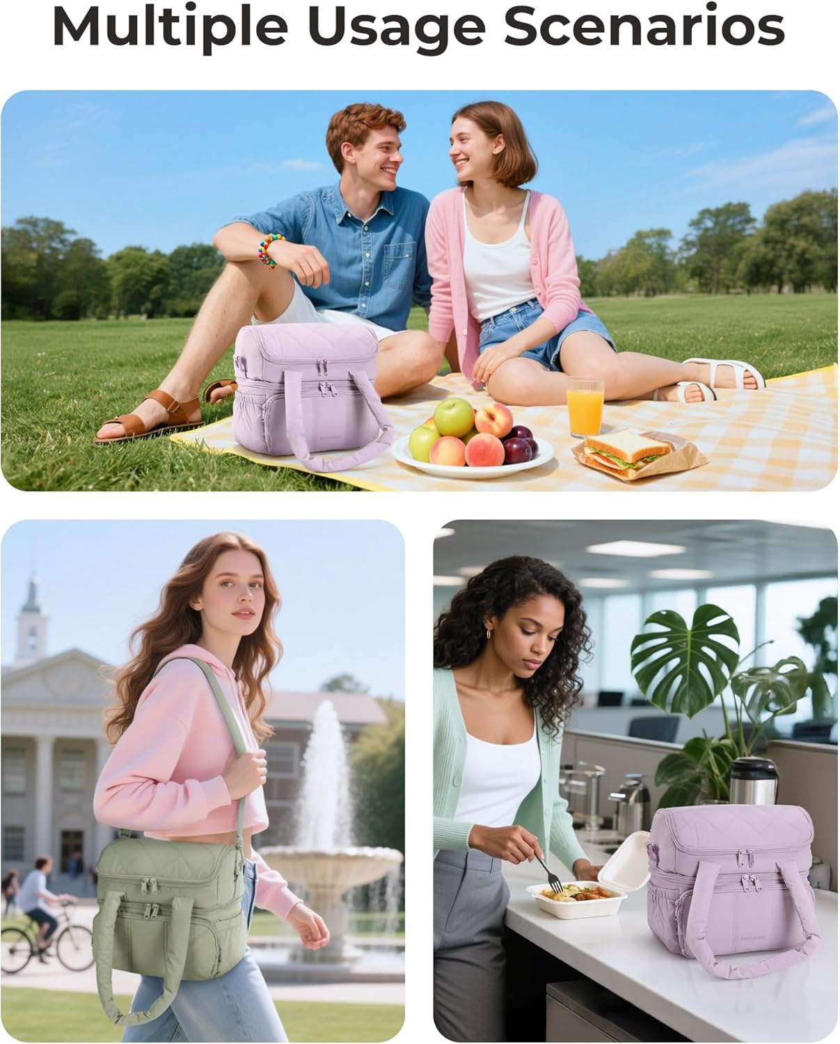 Anastas Lunch Bag Women, Double Deck Insulated Lunch Box, Quilted Puffer Lunch Tote, Leakproof, Durable & Reusable Large Lunch Cooler