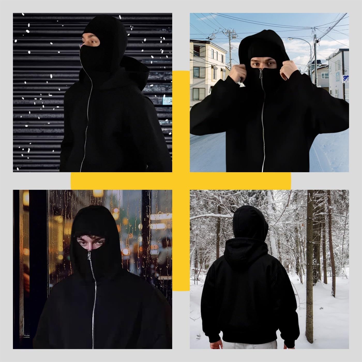 ANAS-Unisex Balaclava Hoodie with Built-In Eye Mask, Double Hooded Hoodie, Full Zip Hooded Sweatshirt for Cold Weather