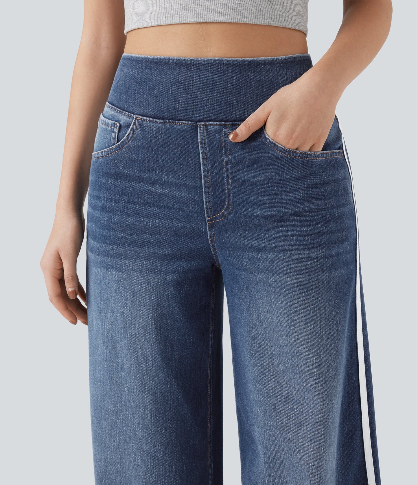 High Waisted Stripe Wide Leg Flowy Washed Casual Jeans with Pockets
