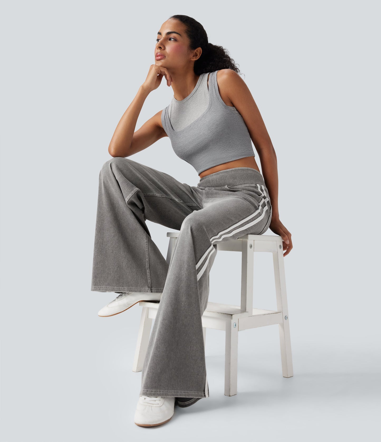 High Waisted Stripe Wide Leg Flowy Washed Casual Jeans with Pockets