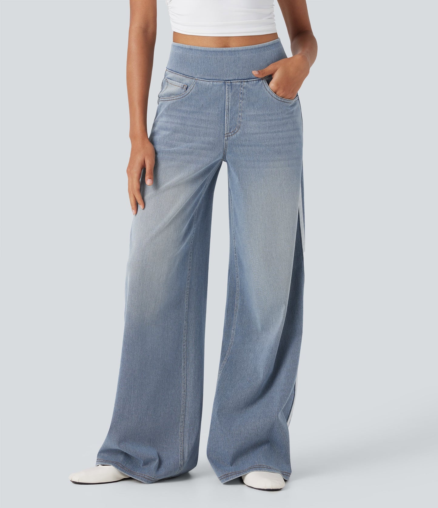 High Waisted Stripe Wide Leg Flowy Washed Casual Jeans with Pockets