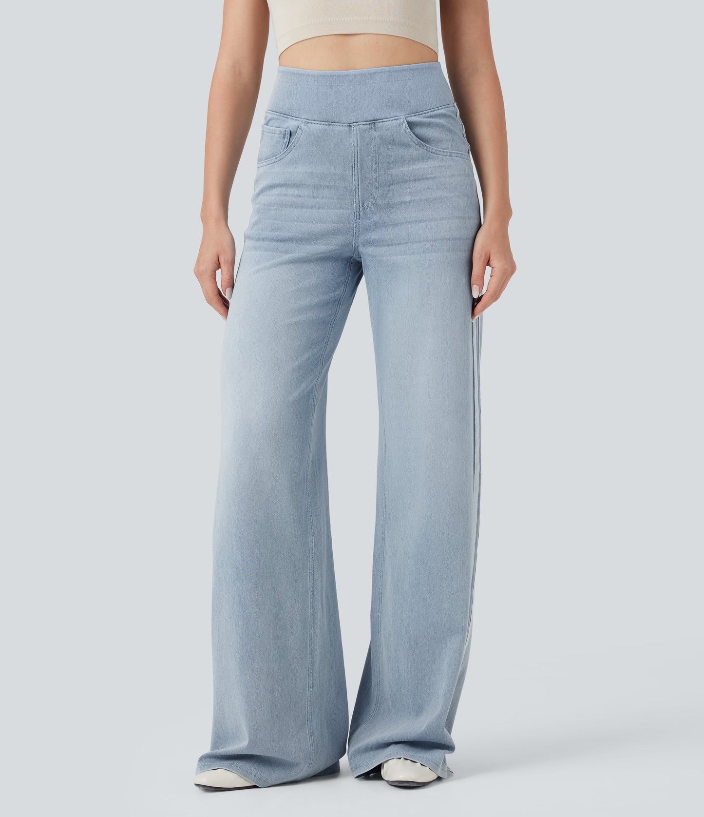 High Waisted Stripe Wide Leg Flowy Washed Casual Jeans with Pockets