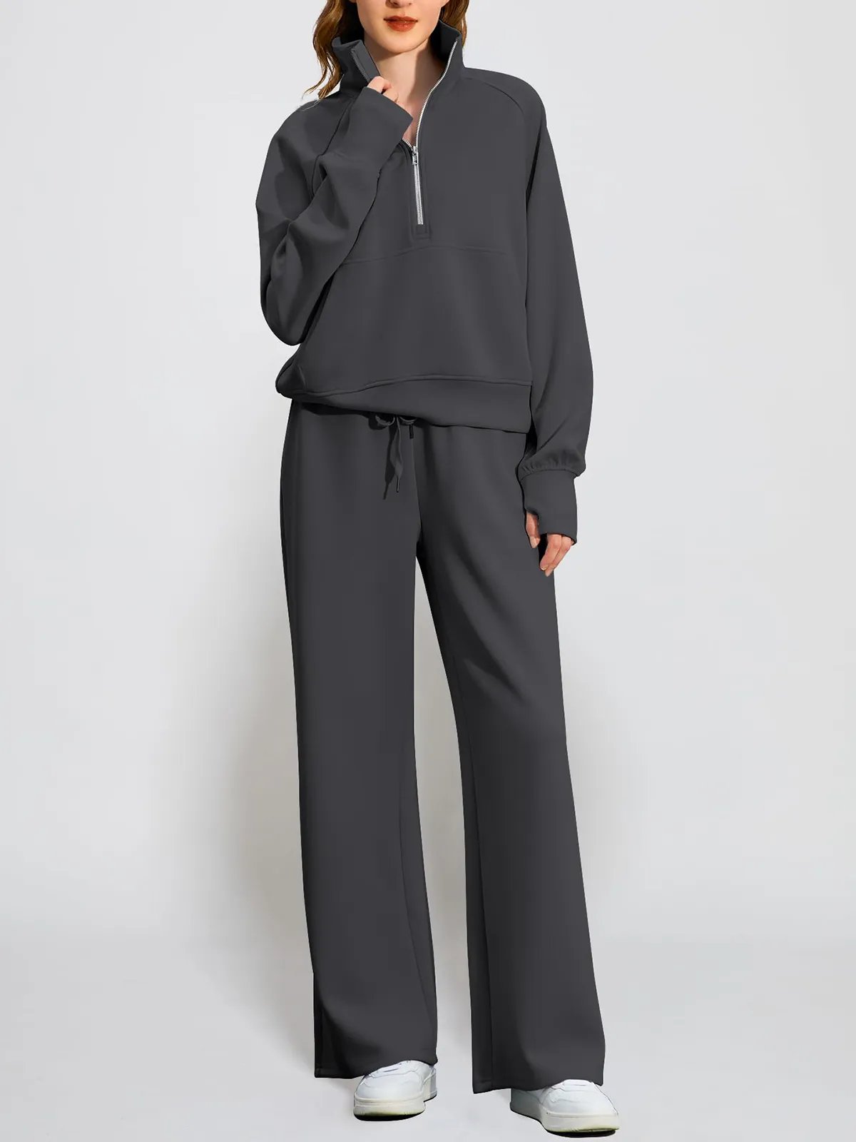 Limited time sale🔥Women's Oversized Half Zip Wide Leg 2 Piece Outfits Lounge Set(BUY 2 FREE SHIPPING)