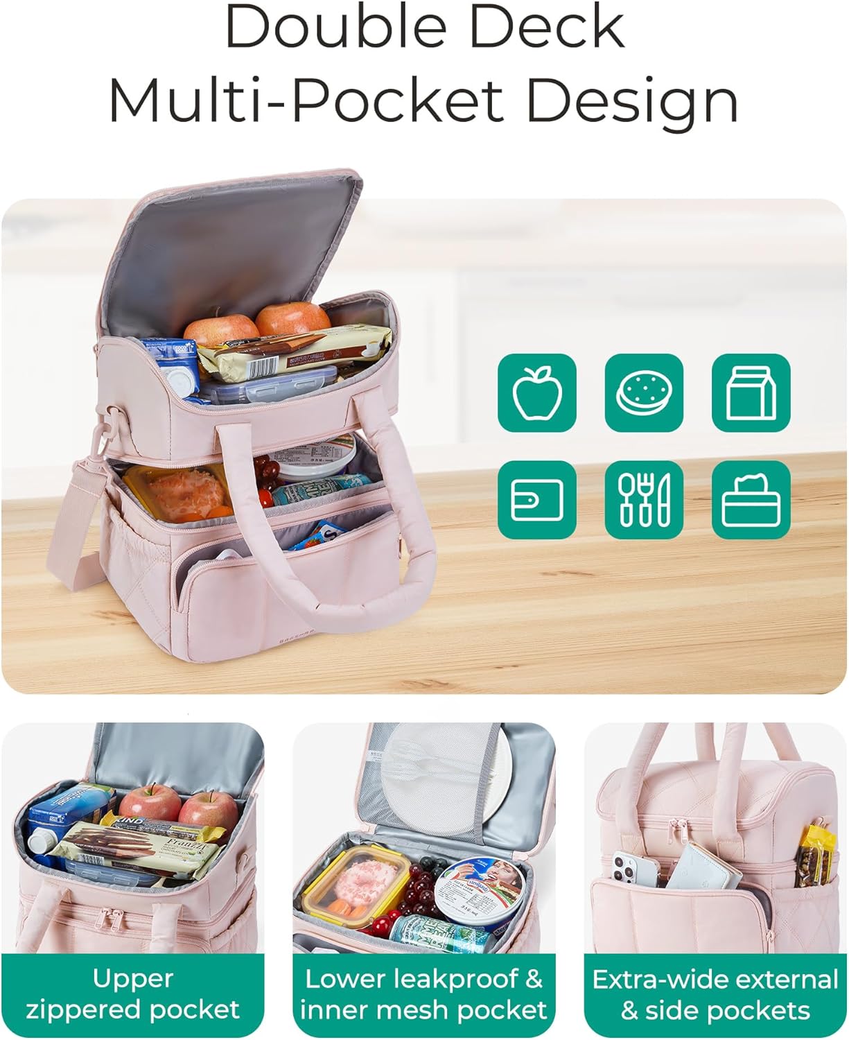 Anastas Lunch Bag Women, Double Deck Insulated Lunch Box, Quilted Puffer Lunch Tote, Leakproof, Durable & Reusable Large Lunch Cooler