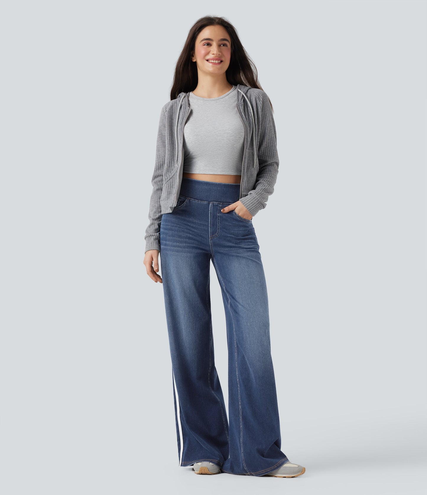 High Waisted Stripe Wide Leg Flowy Washed Casual Jeans with Pockets