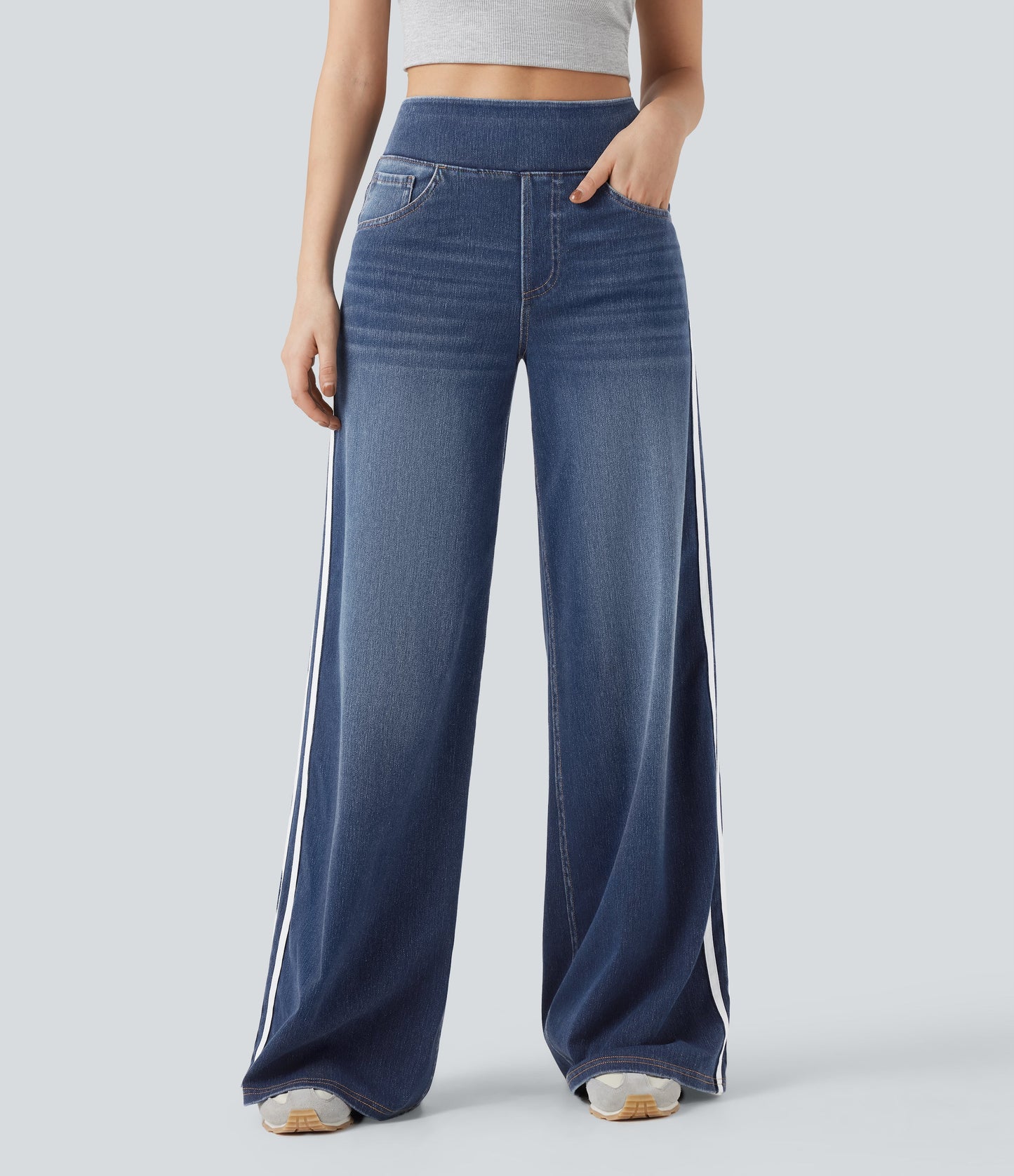 High Waisted Stripe Wide Leg Flowy Washed Casual Jeans with Pockets
