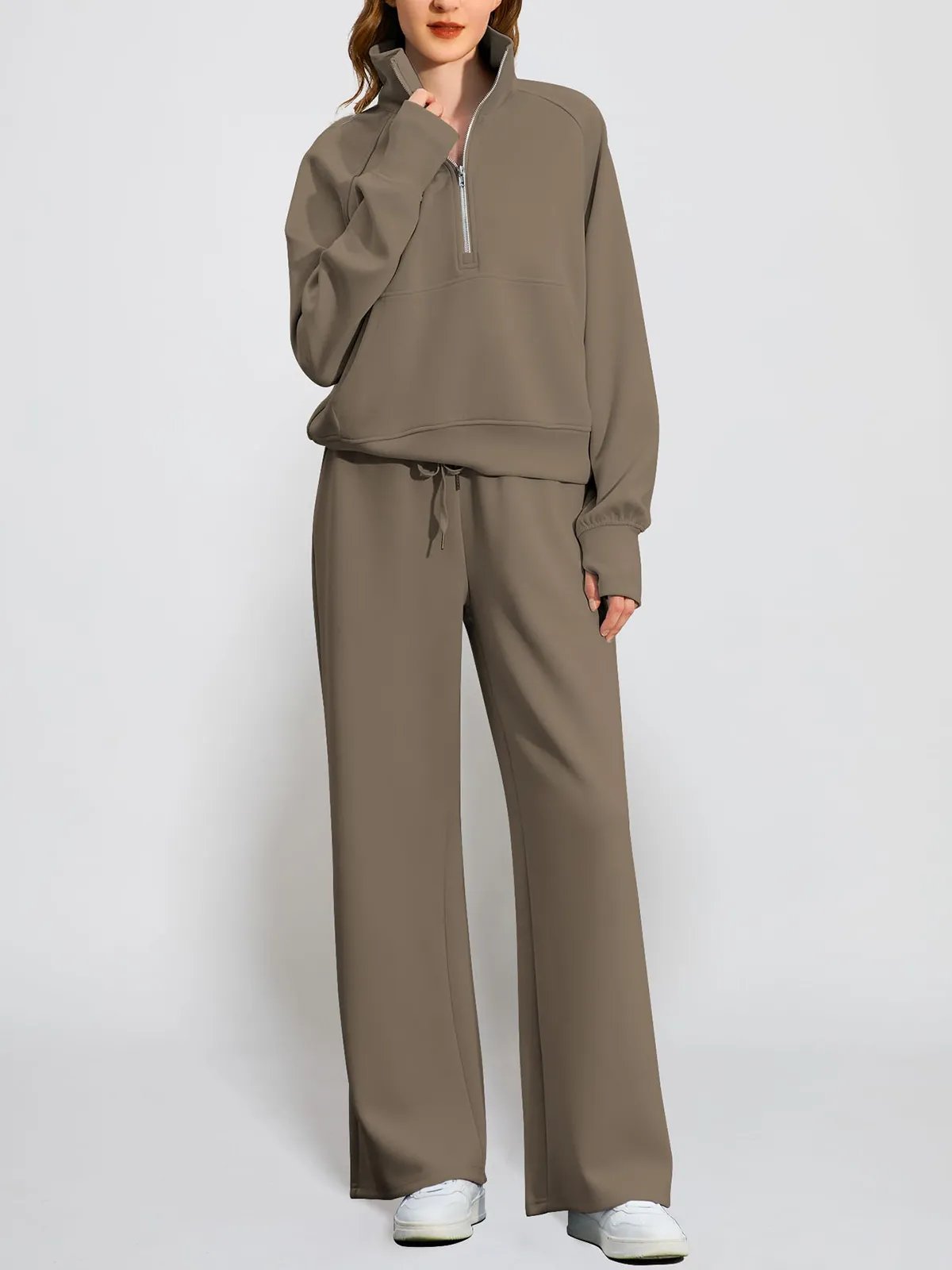 Limited time sale🔥Women's Oversized Half Zip Wide Leg 2 Piece Outfits Lounge Set(BUY 2 FREE SHIPPING)