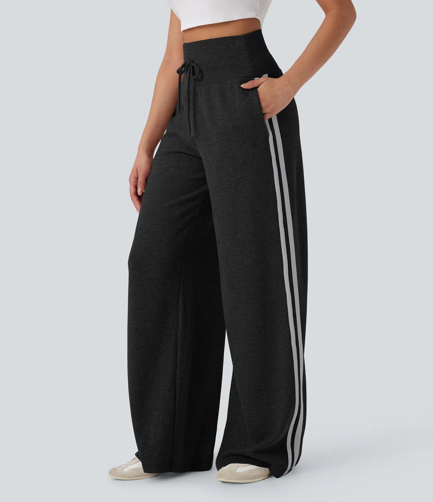 Ribbed High Waisted Tummy Control Drawstring Wide Leg Color Block Casual Pants with Pockets