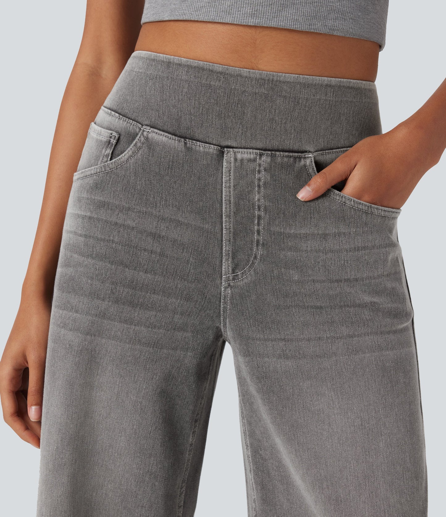 High Waisted Stripe Wide Leg Flowy Washed Casual Jeans with Pockets