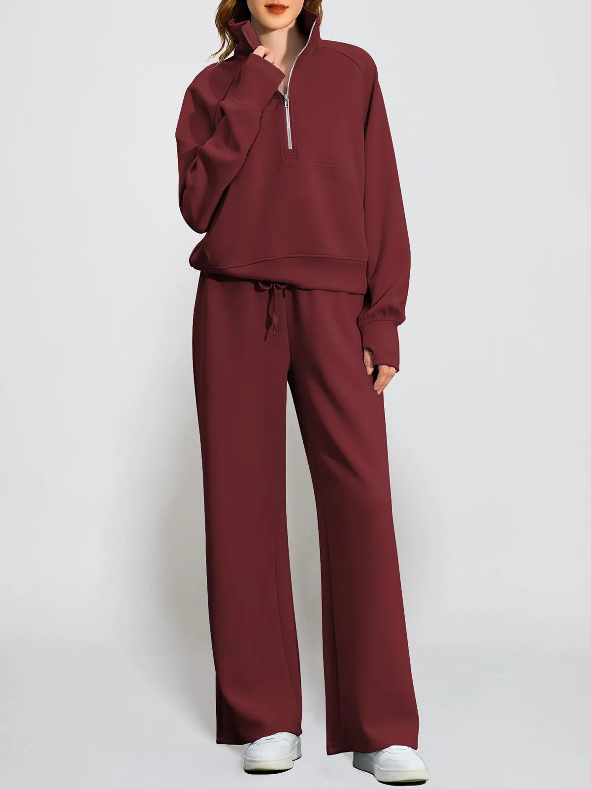Limited time sale🔥Women's Oversized Half Zip Wide Leg 2 Piece Outfits Lounge Set(BUY 2 FREE SHIPPING)