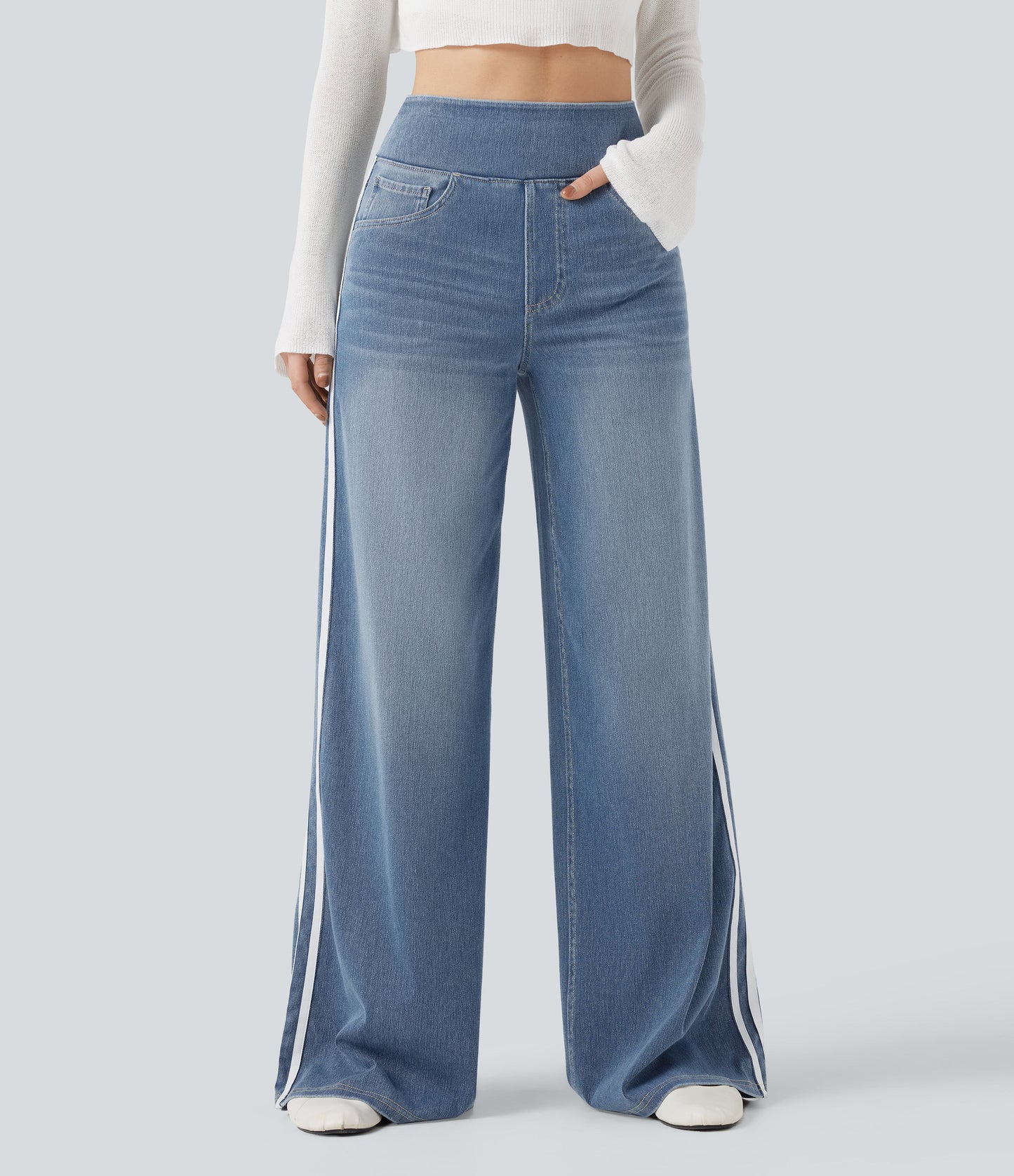 High Waisted Stripe Wide Leg Flowy Washed Casual Jeans with Pockets