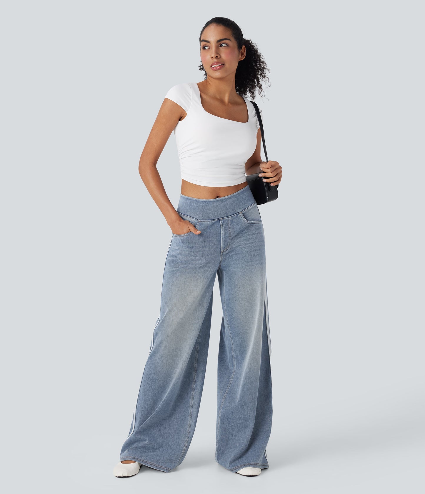 High Waisted Stripe Wide Leg Flowy Washed Casual Jeans with Pockets