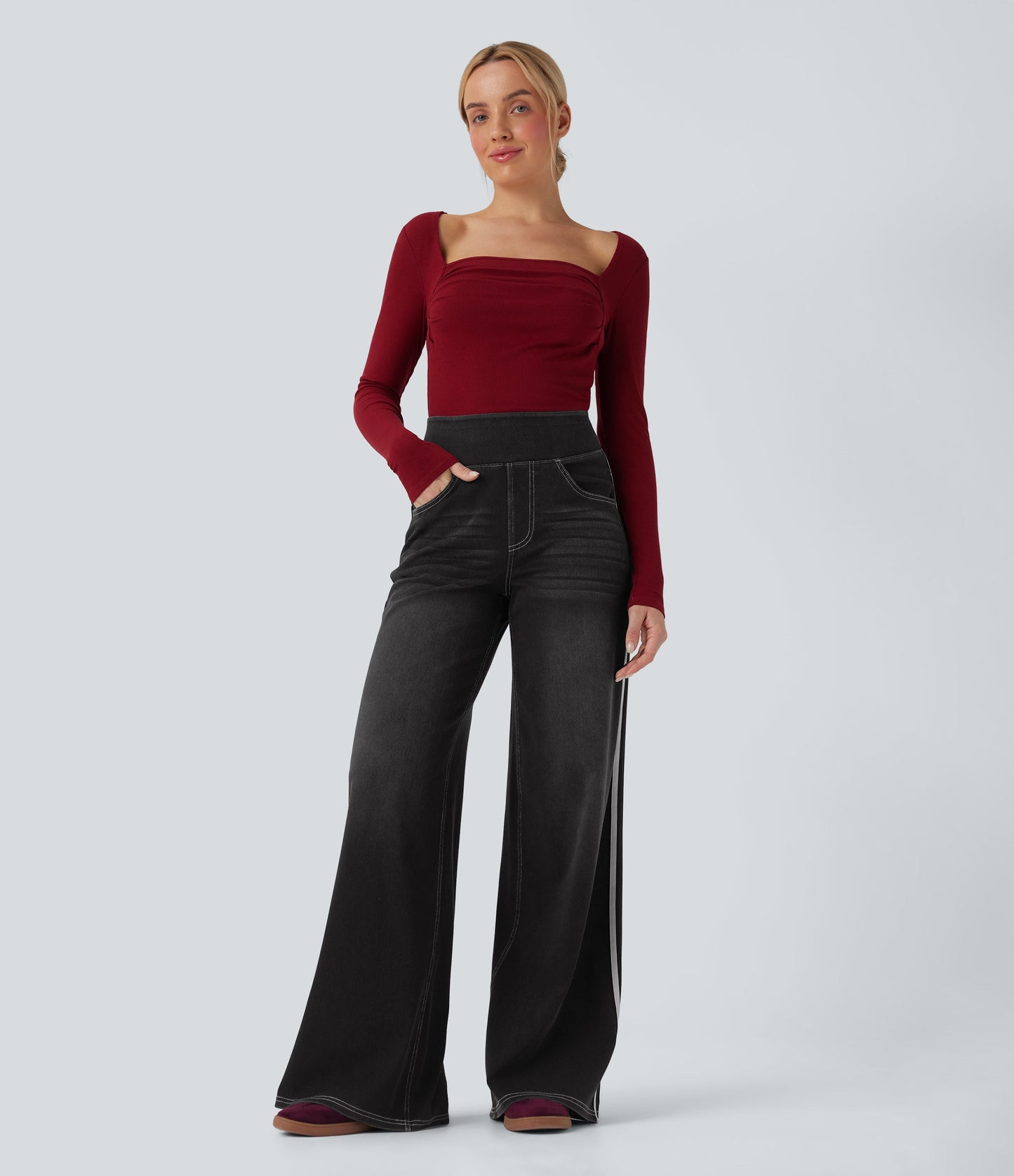 High Waisted Stripe Wide Leg Flowy Washed Casual Jeans with Pockets