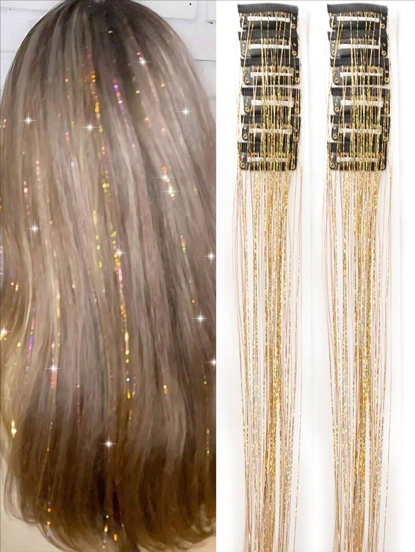Hot-selling Seamless Hair Extensions (12 Pieces) with Laser Gold Shiny Ribbon Straight Hair Extensions, Dyed and Simulated Hair