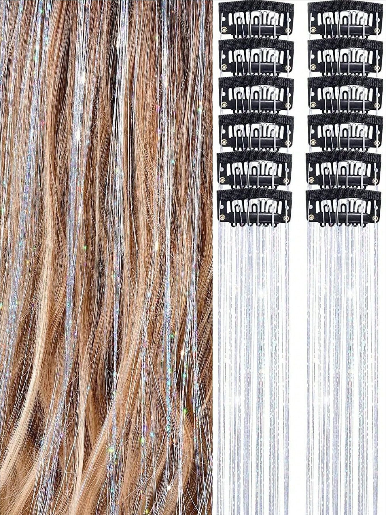 Hot-selling Seamless Hair Extensions (12 Pieces) with Laser Gold Shiny Ribbon Straight Hair Extensions, Dyed and Simulated Hair