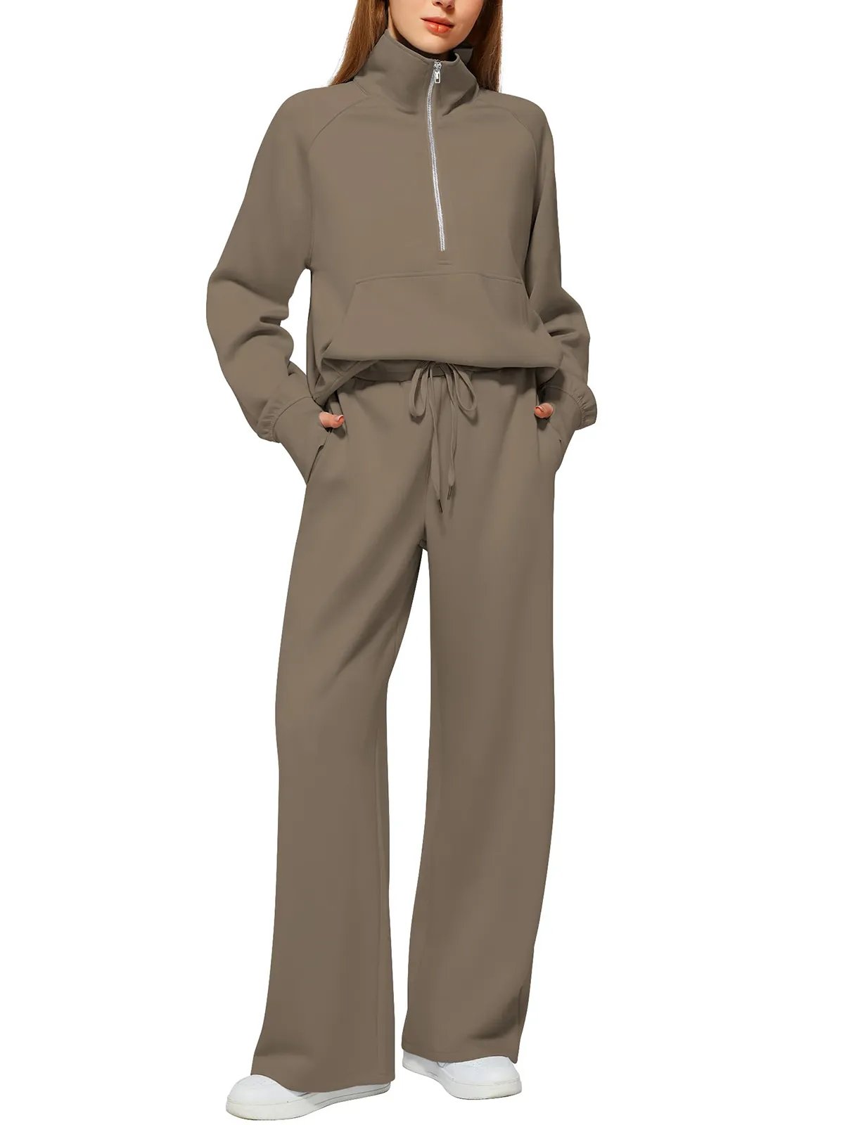Limited time sale🔥Women's Oversized Half Zip Wide Leg 2 Piece Outfits Lounge Set(BUY 2 FREE SHIPPING)