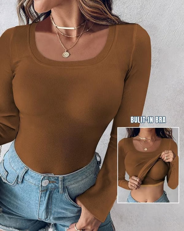 š„Neck Built-in Bra Long Sleeve Ribbed Top Shirts Elegant Skinny Fit Fabricš„