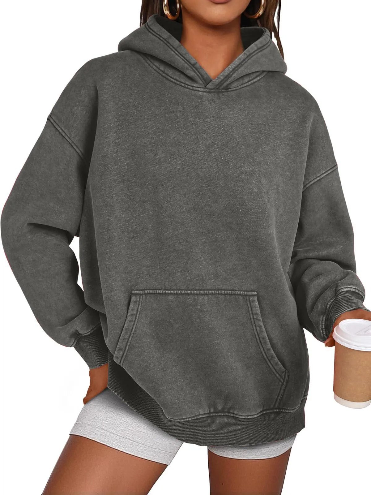 Anasta Casual Oversized Acid Wash Tops Hoodie Pullover
